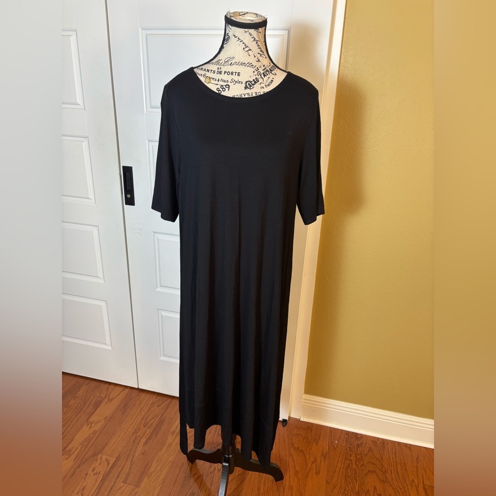 Eileen Fisher Black Jersey Knit Crewneck Hi Low Midi Dress Medium F17VFF